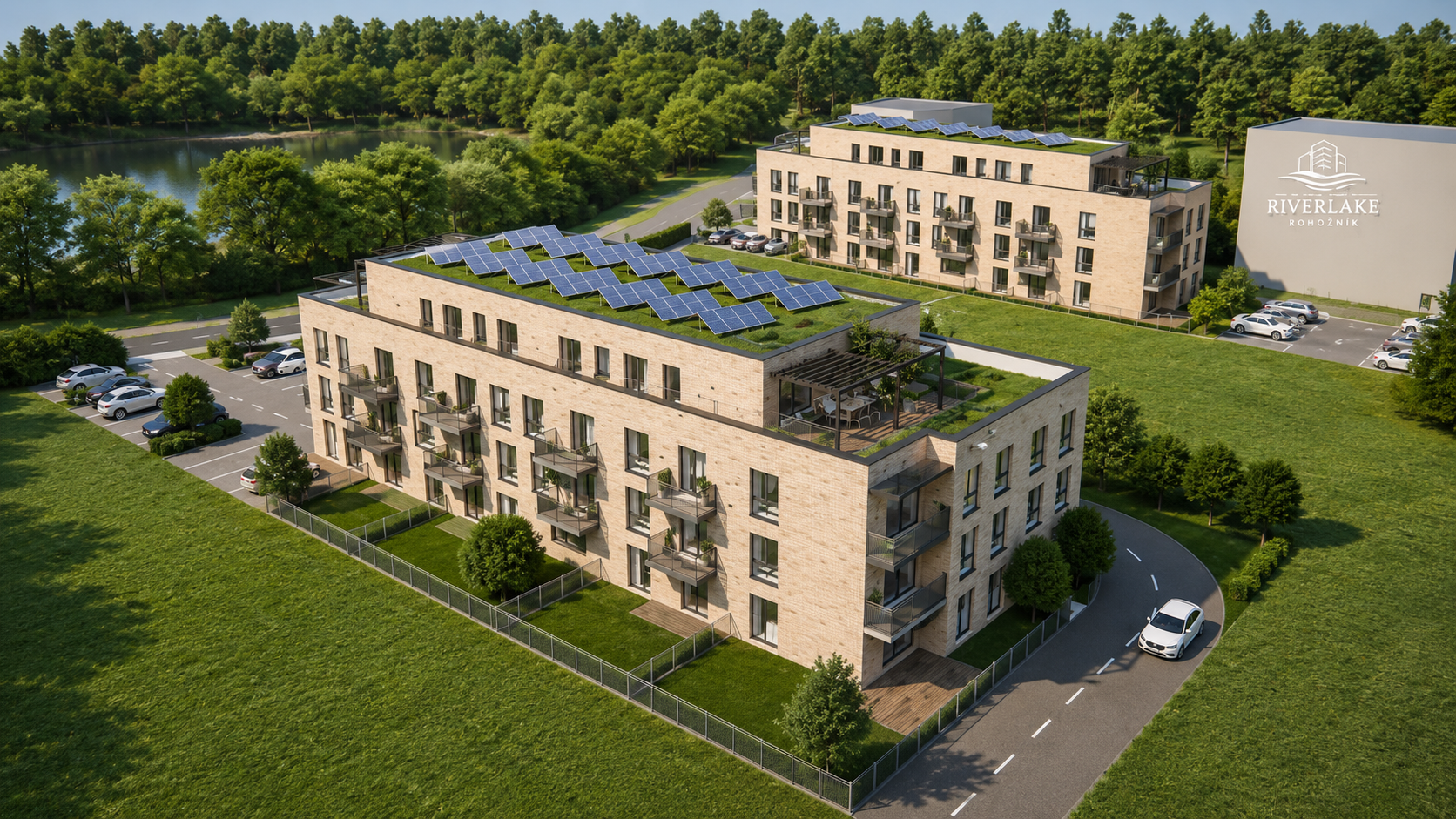 Riverlake Rohožník budova s terasou a zelenou strechou