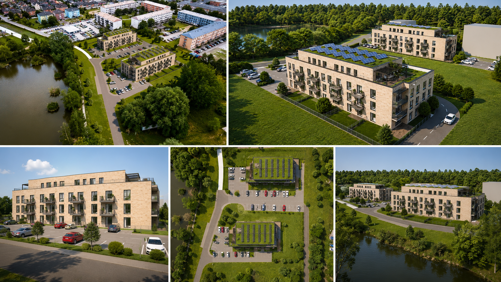 Koláž vizualizácií projektu Riverlake Rohožník z rôznych uhlov.