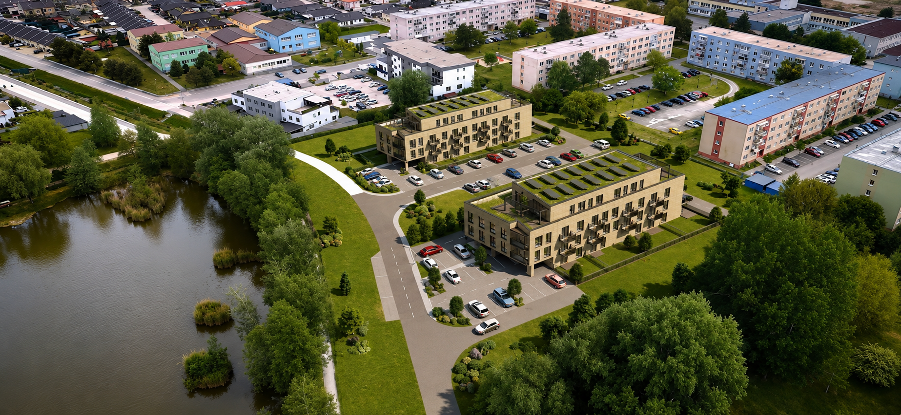 Letecký pohľad na projekt Riverlake Rohožník pri vode a parkovaní.
